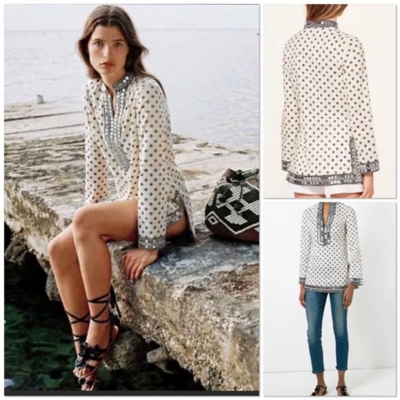 Tory Burch Ivory & Black Fish Print Long Sleeve Tunic Top with Mirror Sequins - Picture 1 of 10